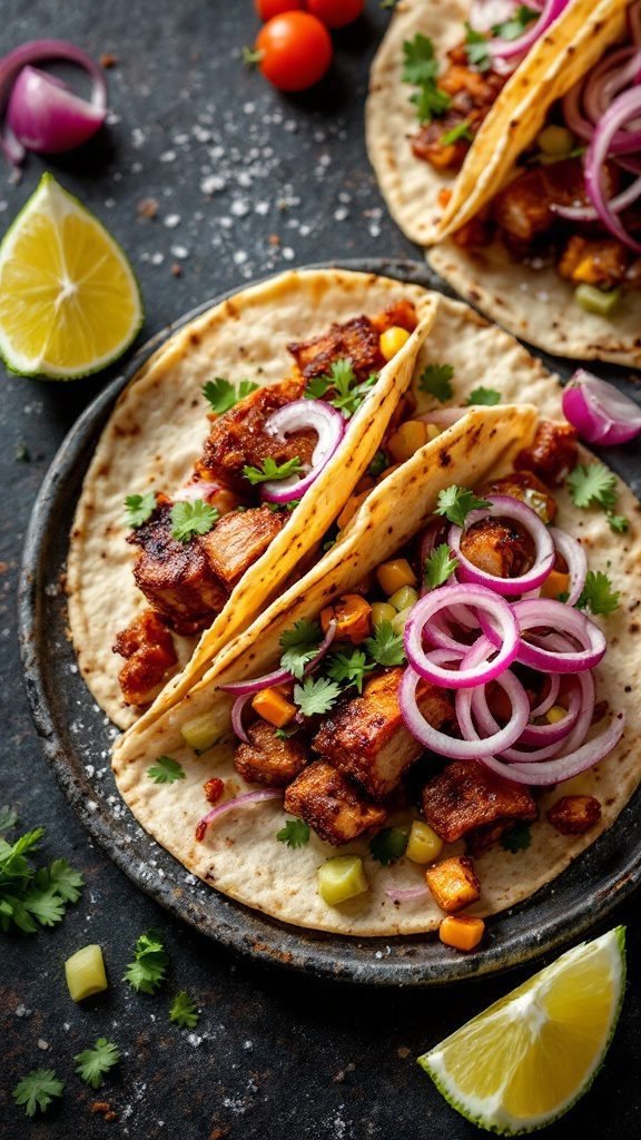 Delicious pork belly tacos with pickled onions and lime