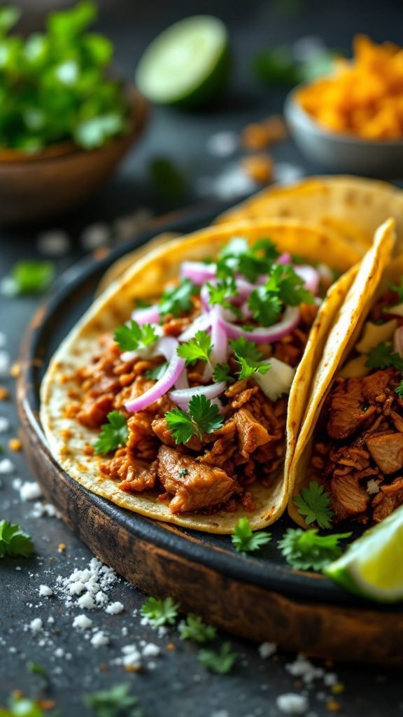 Delicious pork carnitas tacos with toppings
