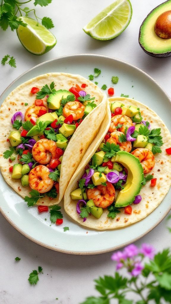 Delicious prawn tacos topped with avocado salad on a plate