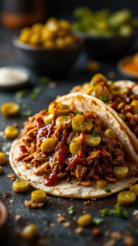Pulled pork tacos with BBQ sauce, garnished with pickled jalapeños and cilantro