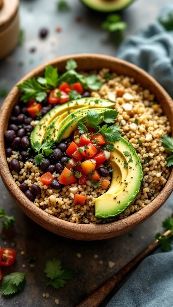 A nutritious quinoa and black bean bowl topped with avocado and tomatoes.