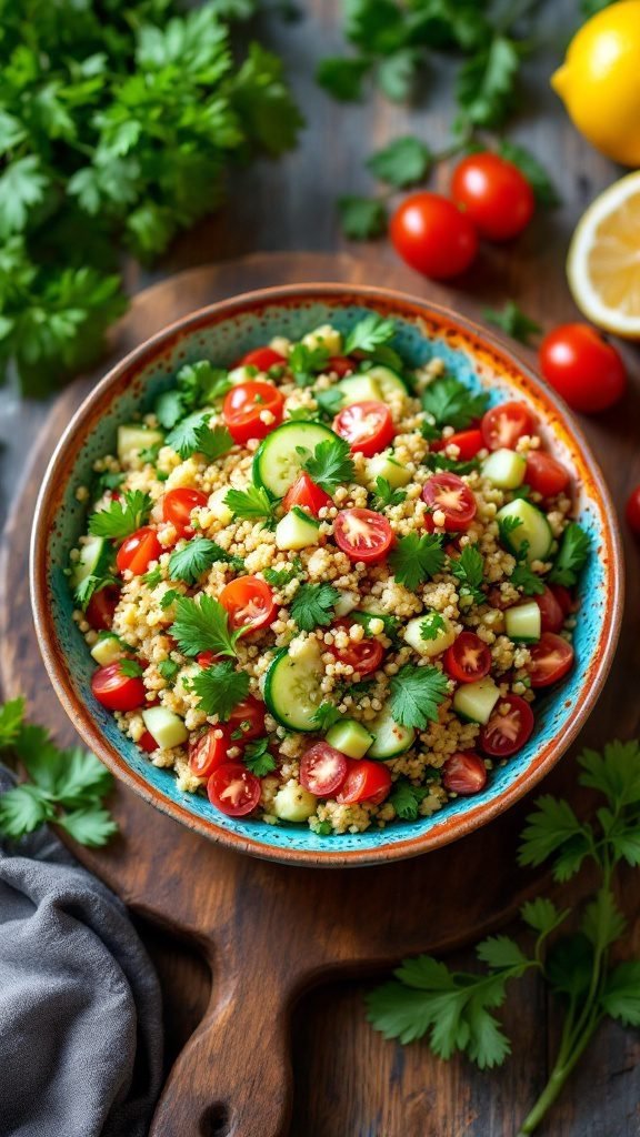 A colorful quinoa tabbouleh salad with cherry tomatoes, cucumber, and fresh herbs.
