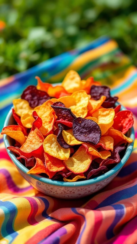 A bowl of colorful rainbow veggie chips on a vibrant, striped cloth.