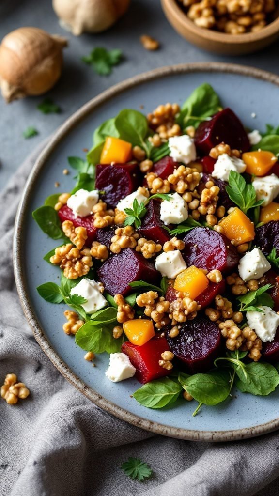 A colorful roasted beet and goat cheese salad with greens and nuts.