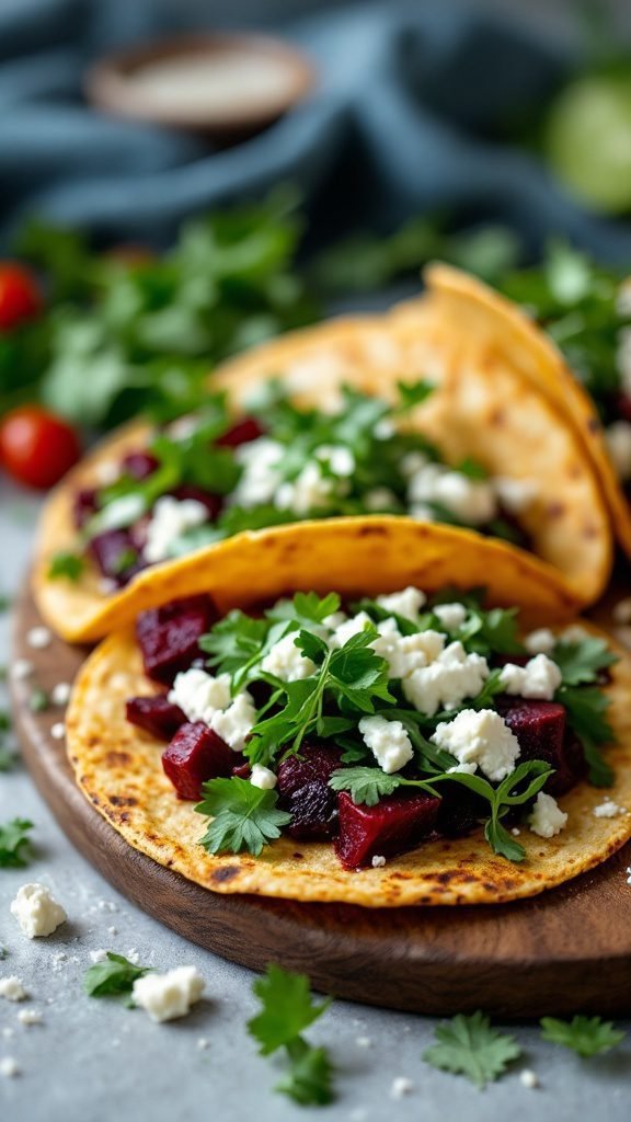 Roasted beet tacos topped with feta cheese and cilantro on a wooden board