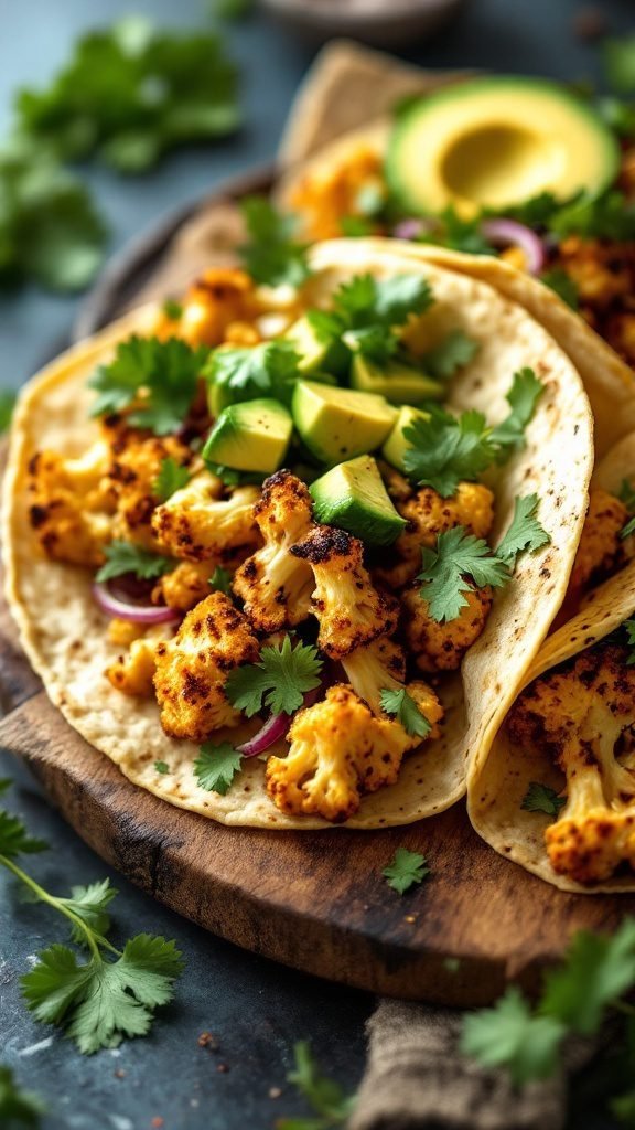 Roasted cauliflower tacos with avocado and cilantro on a wooden board