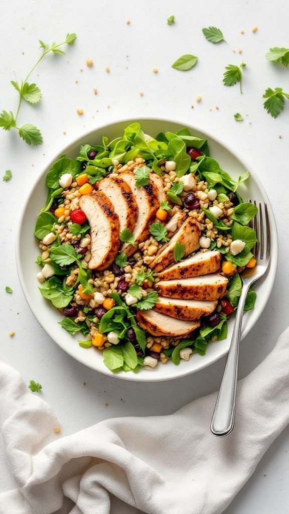 A healthy roasted chicken and rice salad with mixed greens, colorful vegetables, and sliced chicken breast.