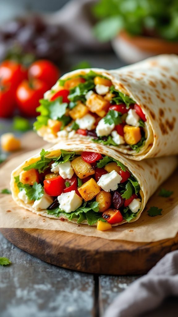 A vibrant roasted veggie wrap filled with fresh vegetables and greens.