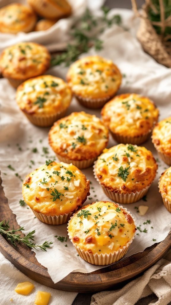 Savory muffins with cheese and herbs on a wooden platter, garnished with fresh herbs