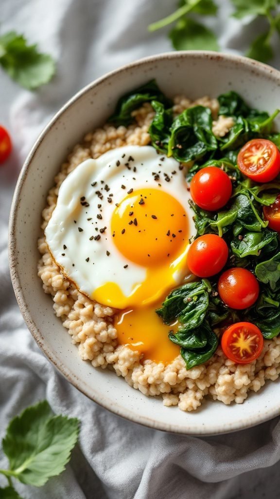 Savory oatmeal bowl with an egg, spinach, and cherry tomatoes