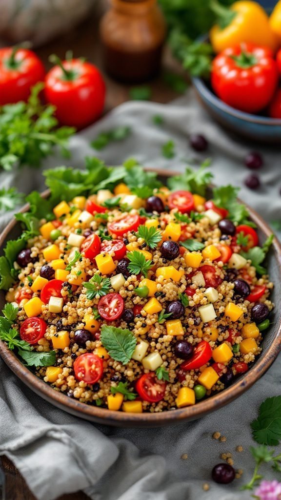 A colorful bowl of savory quinoa salad with fresh vegetables, including cherry tomatoes and bell peppers, surrounded by ingredients and garnished with herbs.