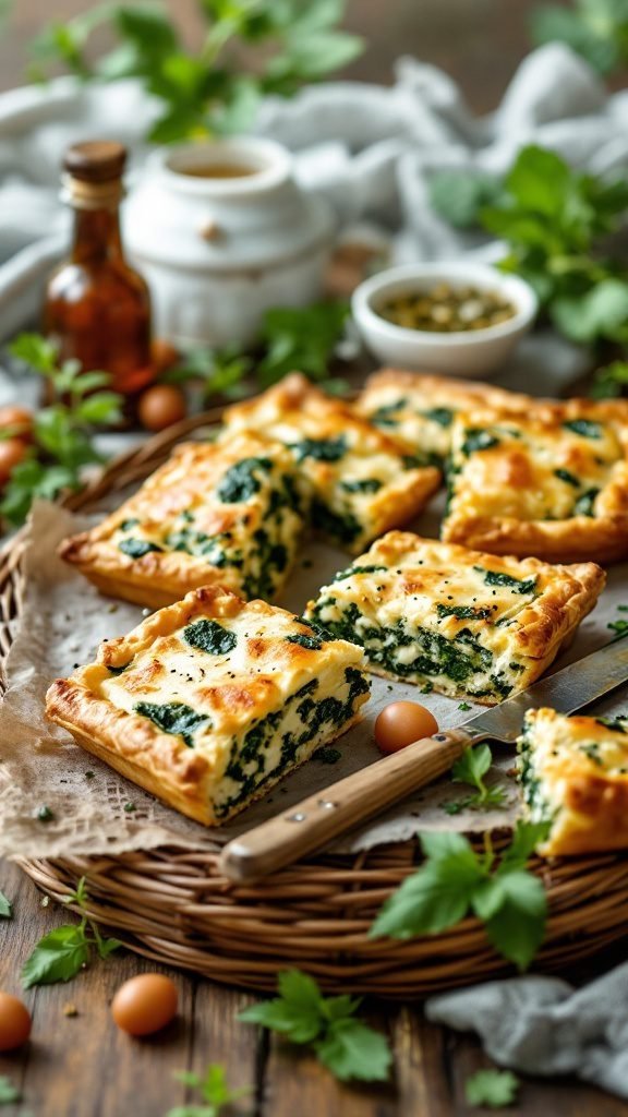 Savory spinach and feta pies served on a wooden platter with fresh herbs and eggs.