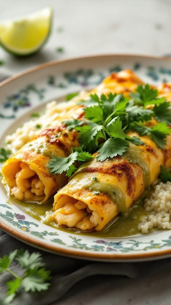 Plate of seafood enchiladas topped with green sauce and cilantro.