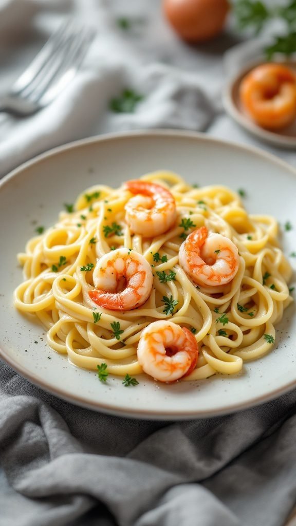 A delicious plate of seafood fettuccine alfredo topped with shrimp and garnished with parsley.