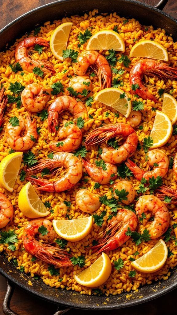 Seafood paella with shrimp, mussels, and lemon slices