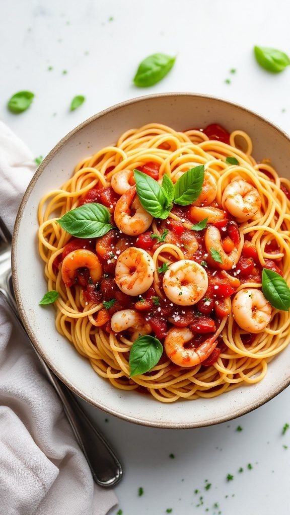 A plate of spaghetti topped with shrimp and marinara sauce, garnished with fresh basil.