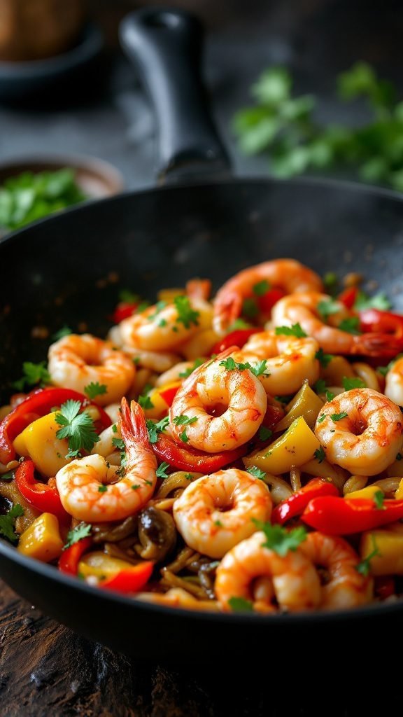 A colorful seafood stir-fry with shrimp and assorted vegetables in a black skillet.