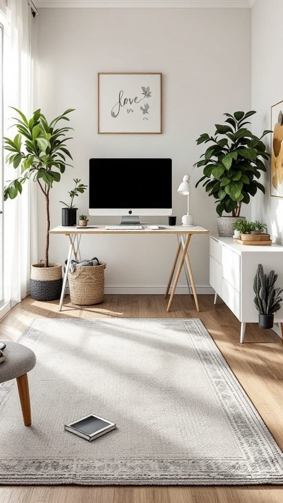 Cozy home office with wooden flooring, a desk, and plants