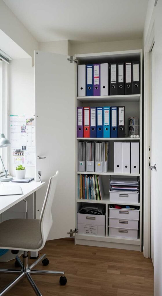 A compact office storage unit with neatly arranged folders, boxes, and plants, showcasing an organized workspace.