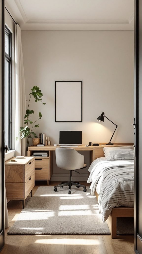A cozy and organized home office setup with a desk, chair, and natural lighting.