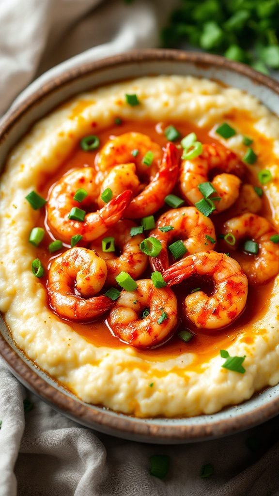 A comforting bowl of shrimp and grits topped with green onions.