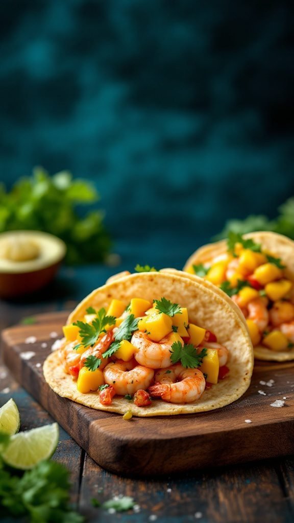 Delicious shrimp tacos topped with mango salsa on wooden board.
