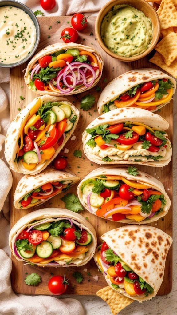 Colorful vegetarian pita sandwiches filled with fresh veggies and herbs.