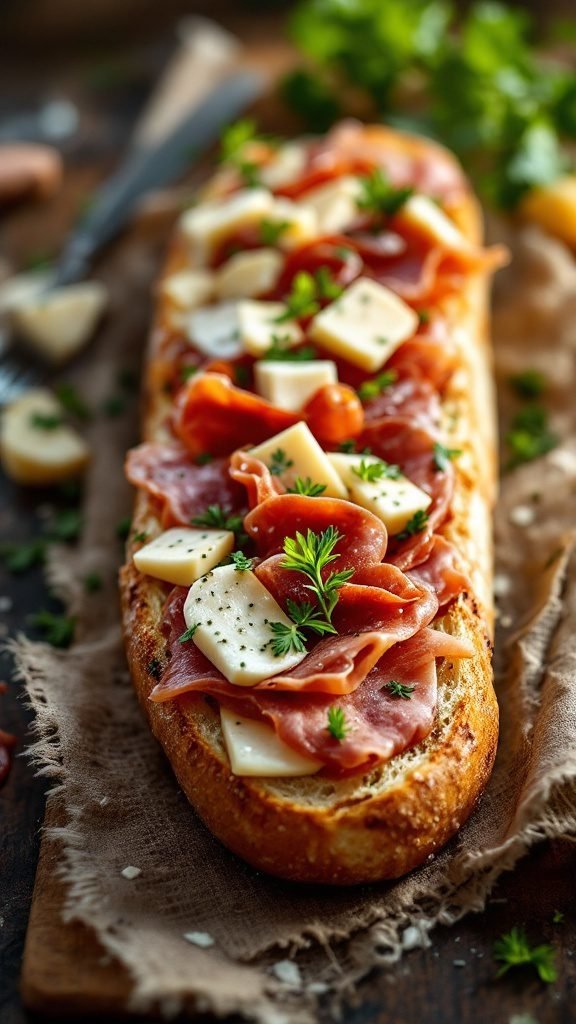 A sliced meat and cheese baguette with various toppings.