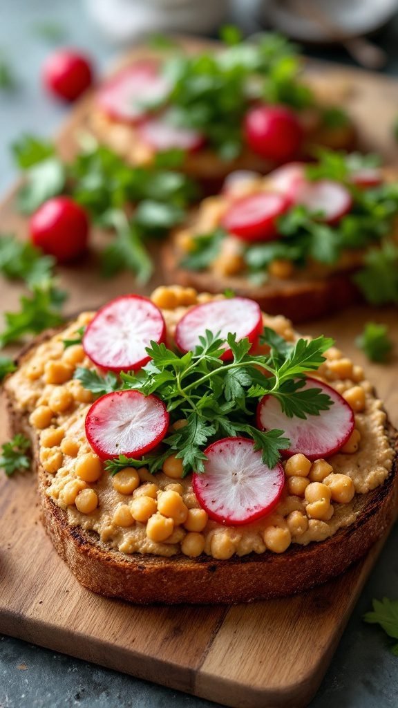 Smashed chickpea toast topped with fresh vegetables on a wooden board.
