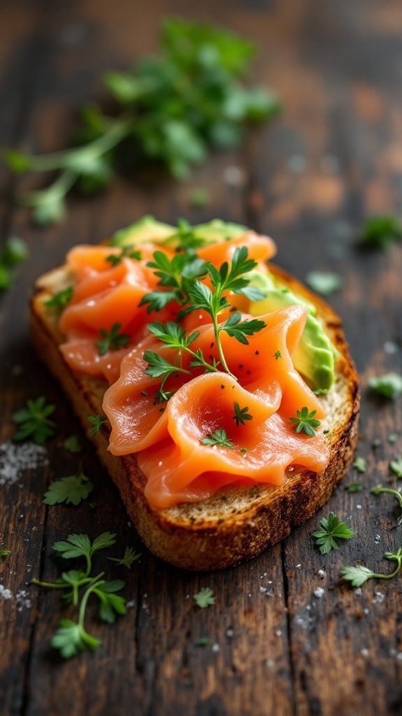 Smoked salmon and avocado toast topped with herbs on a wooden surface