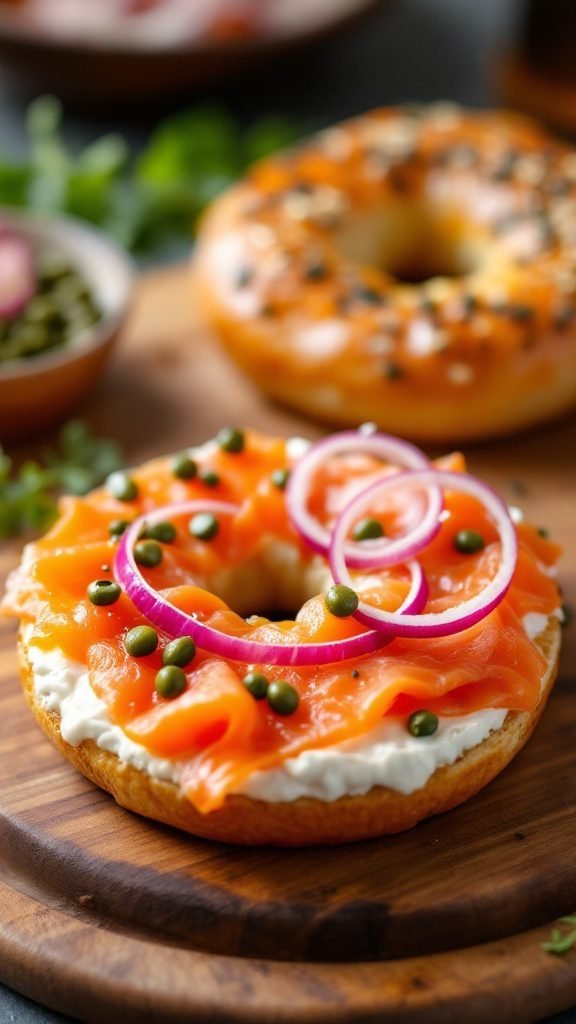 A smoked salmon bagel topped with cream cheese, red onions, and capers on a wooden board.