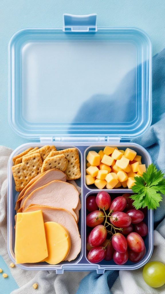 A lunch box filled with smoked turkey, cheese, crackers, and grapes.
