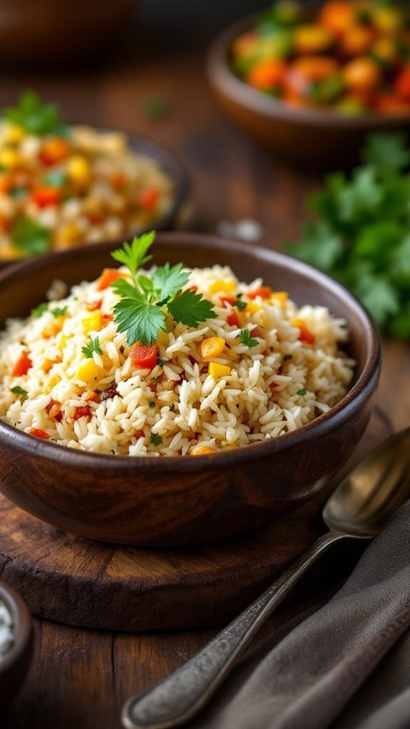 Bowl of coconut rice garnished with fresh herbs