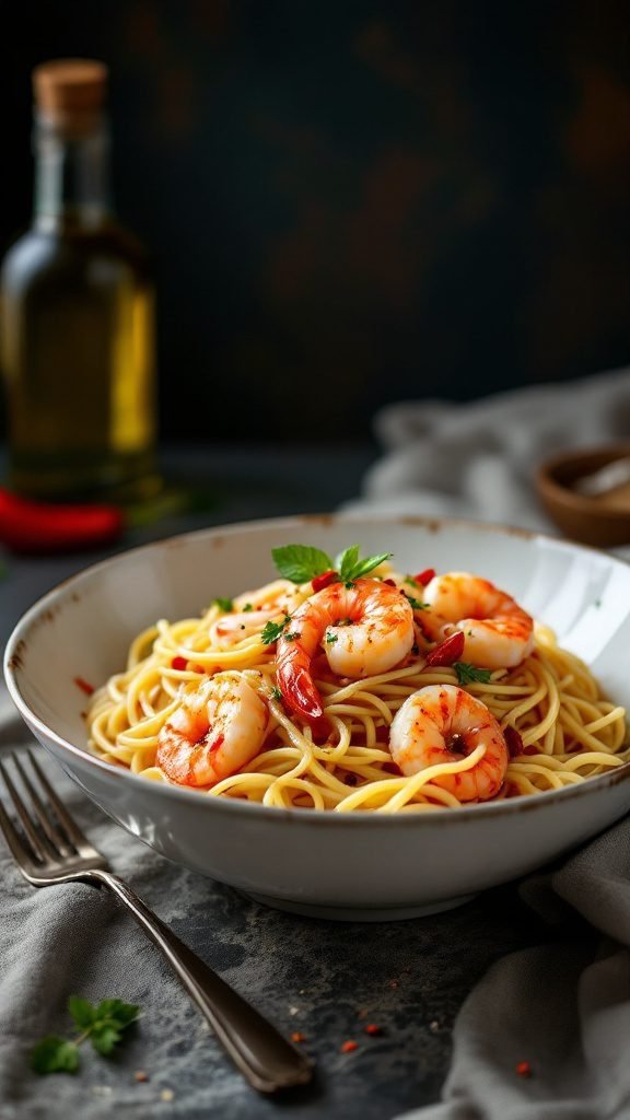 A bowl of spaghetti aglio e olio with shrimp, garnished with parsley.