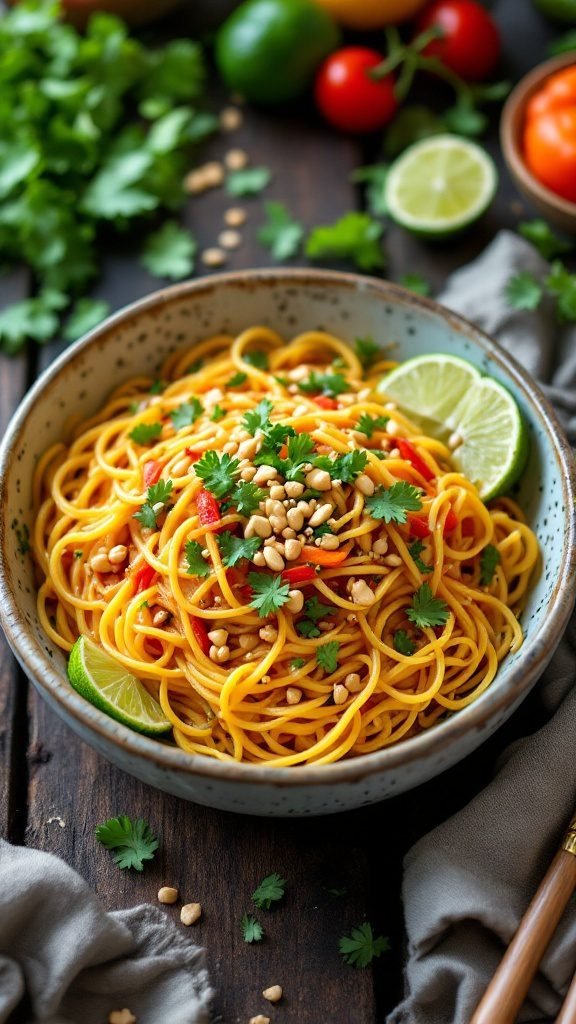 A bowl of Spaghetti Squash Pad Thai garnished with cilantro and lime.
