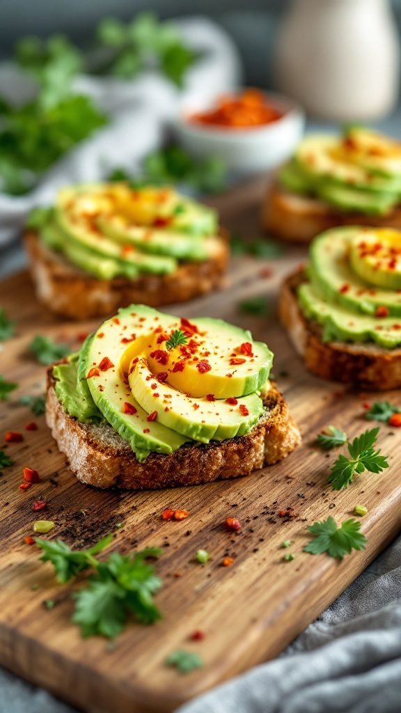 Delicious spicy avocado toast on wooden cutting board with herbs and spices