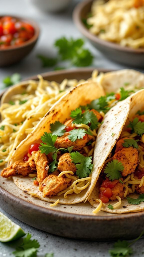 A plate of spicy chicken tacos garnished with fresh cilantro and diced tomatoes.