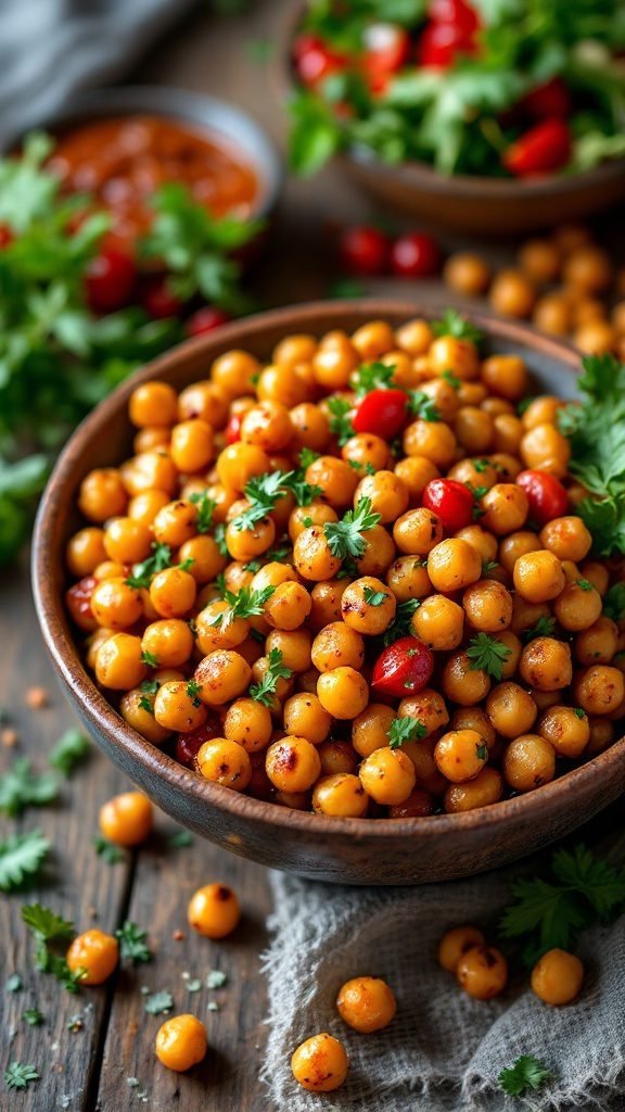 A bowl of spicy roasted chickpeas garnished with fresh herbs.