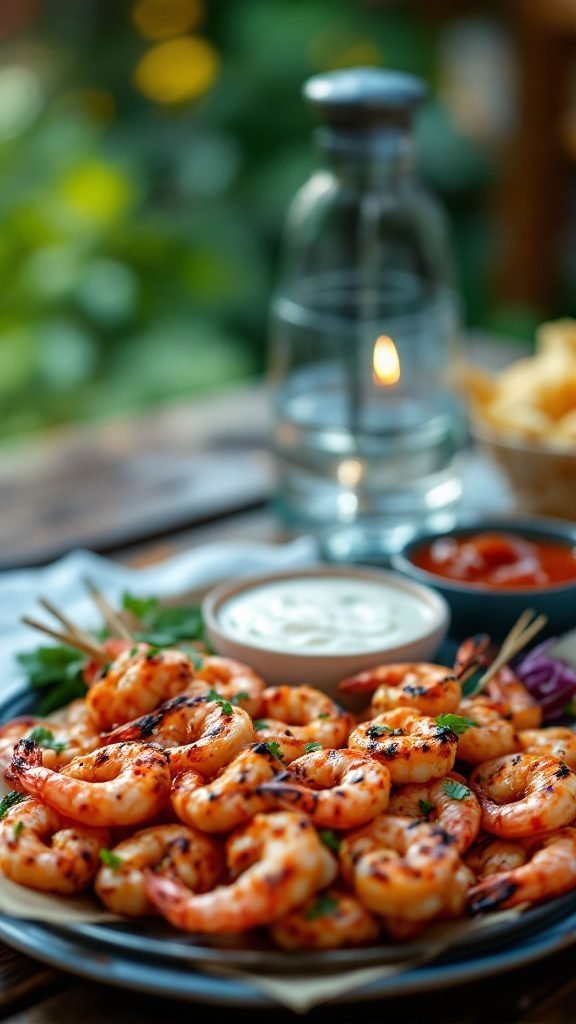 A plate of spicy shrimp skewers with dipping sauces, perfect for a picnic.