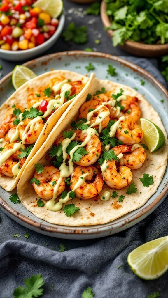 Spicy shrimp tacos topped with cilantro and lime sauce