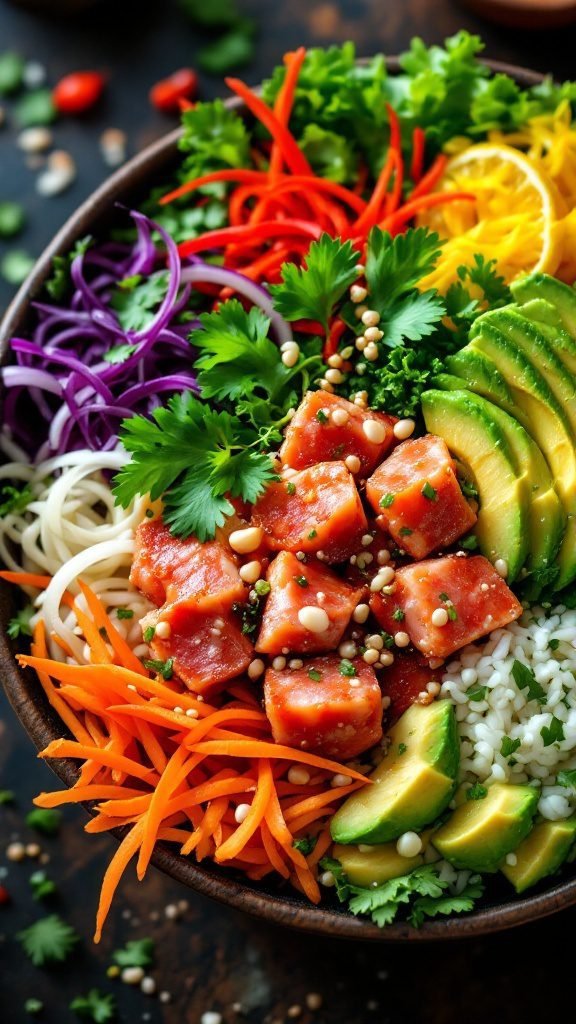 A colorful and nutritious Spicy Tuna Poke Bowl with fresh ingredients.