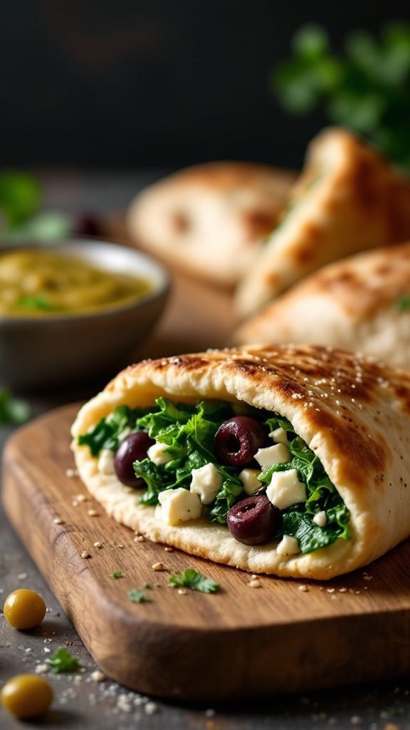Spinach and feta stuffed pitas on a wooden board