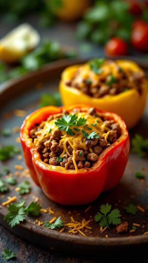 Stuffed bell pepper tacos filled with seasoned meat and topped with cheese, garnished with cilantro.