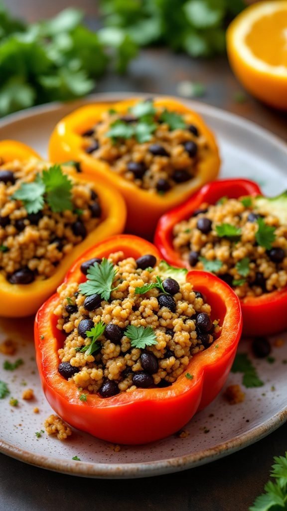Stuffed bell peppers filled with quinoa, black beans, and corn, garnished with cilantro.