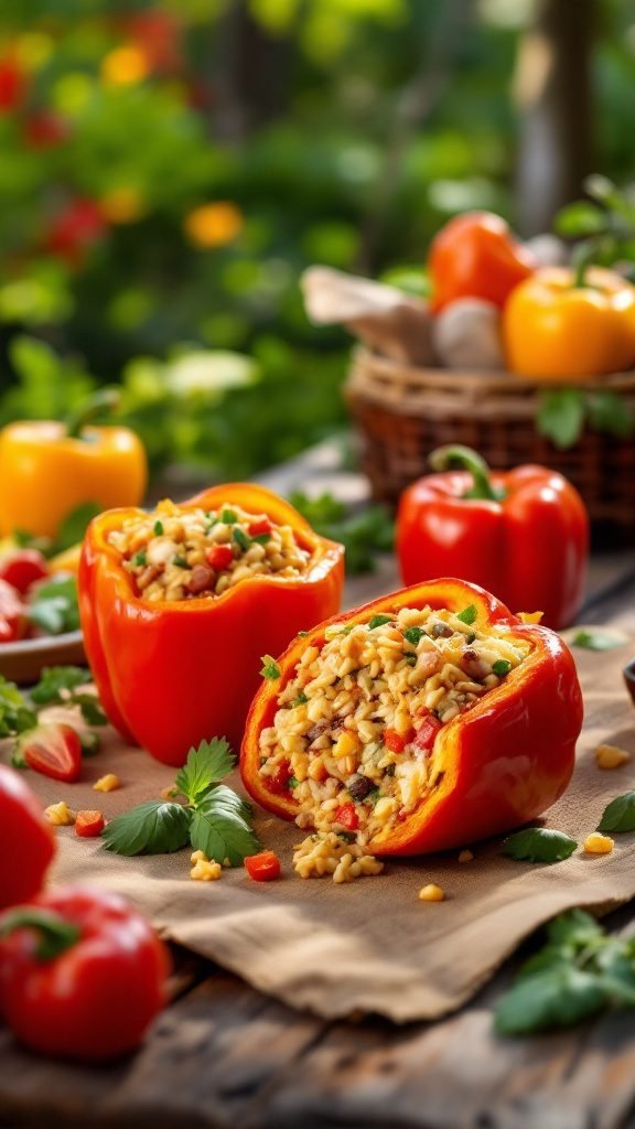 Stuffed bell peppers filled with grains and vegetables, surrounded by fresh peppers and greens.