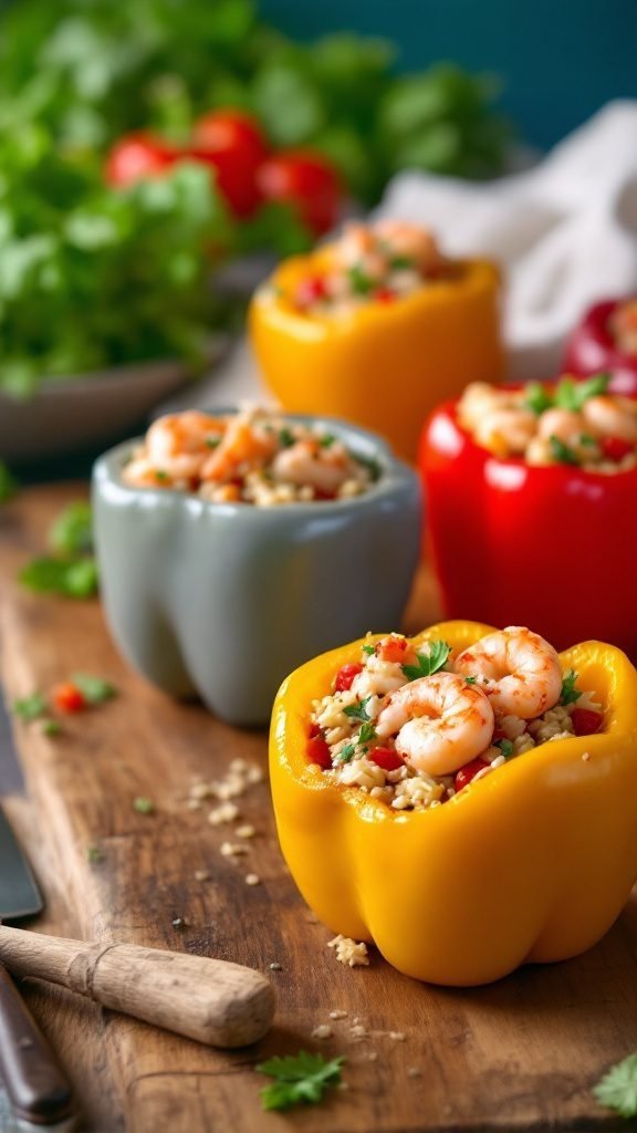 Colorful stuffed bell peppers filled with shrimp and rice.