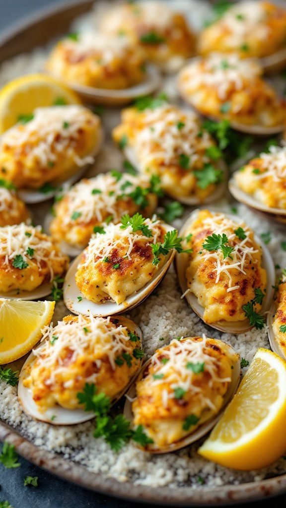 Stuffed clams topped with cheese and parsley on a platter with lemon wedges