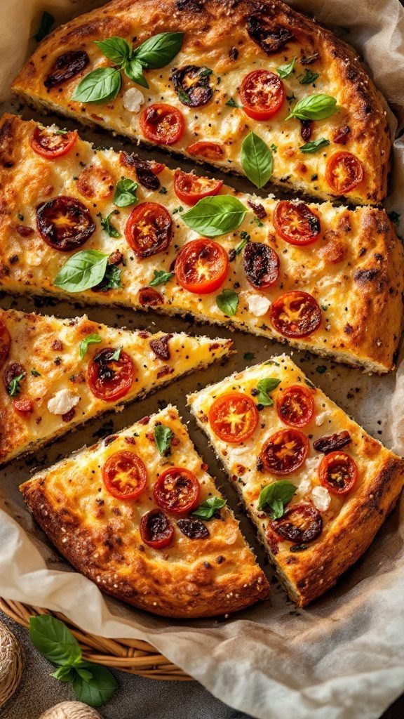 Sundried tomato and basil focaccia sliced and ready for serving.