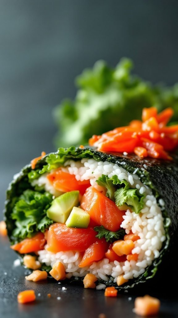 A delicious sushi burrito filled with fresh vegetables and seafood.