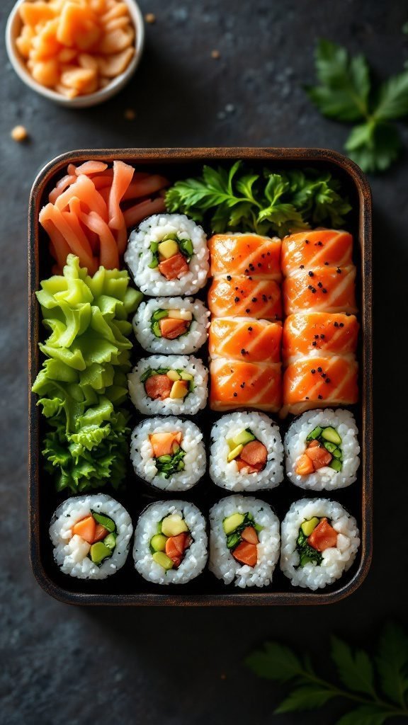 A colorful sushi roll bento box filled with various sushi rolls, pickled ginger, and lettuce.